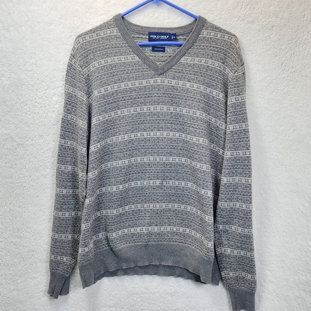 Polo Golf Ralph Lauren Fair Isle Sweater Mens‎ Large V Neck Gray USA Nordic Golf